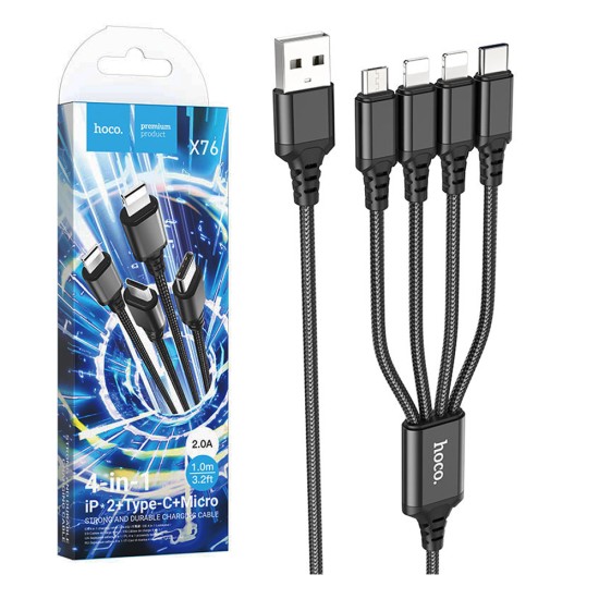 Hoco 4 in 1 Charging Cable X76 Super USB-A to (Lightning+Lightning+Type-C+Micro) 2.0A 1m Black